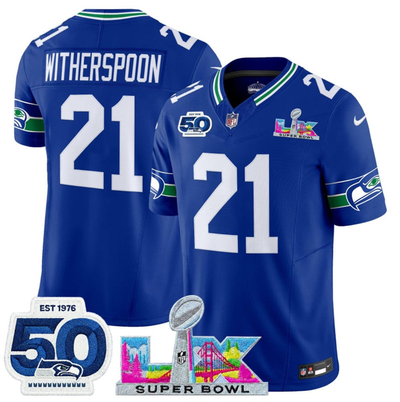 Men's Seattle Seahawks #21 Devon Witherspoon Royal 2025 F.U.S.E. Super Bowl LX Patch And 50th Season Patch Vapor Throwback Limited Stitched Football Jersey Men's Seattle Seahawks #21 Devon Witherspoon Royal 2025 F.U.S.E. Super Bowl LX Patch And 50th Season Patch Vapor Throwback Limited Stitched Football Jersey