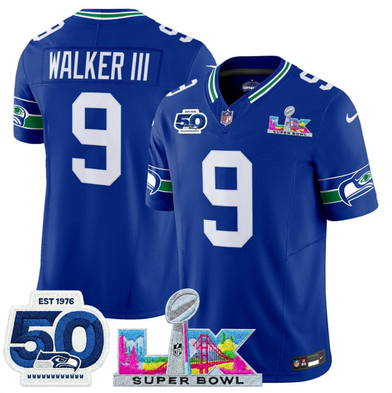 Men's Seattle Seahawks #9 Kenneth Walker III Royal 2025 F.U.S.E. Super Bowl LX Patch And 50th Season Patch Vapor Throwback Limited Stitched Football Jersey