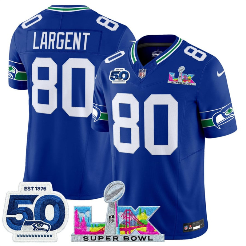 Men's Seattle Seahawks #80 Steve Largent Royal 2025 F.U.S.E. Super Bowl LX Patch And 50th Season Patch Vapor Throwback Limited Stitched Football Jersey Men's Seattle Seahawks #80 Steve Largent Royal 2025 F.U.S.E. Super Bowl LX Patch And 50th Season Patch Vapor Throwback Limited Stitched Football Jersey