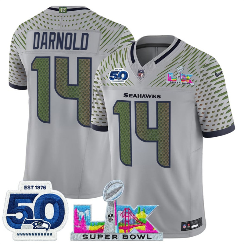 Men's Seattle Seahawks #14 Sam Darnold Grey 2025 F.U.S.E. Super Bowl LX Patch And 50th Season Patch “Rivalries” Vapor Limited Stitched Football Jersey
