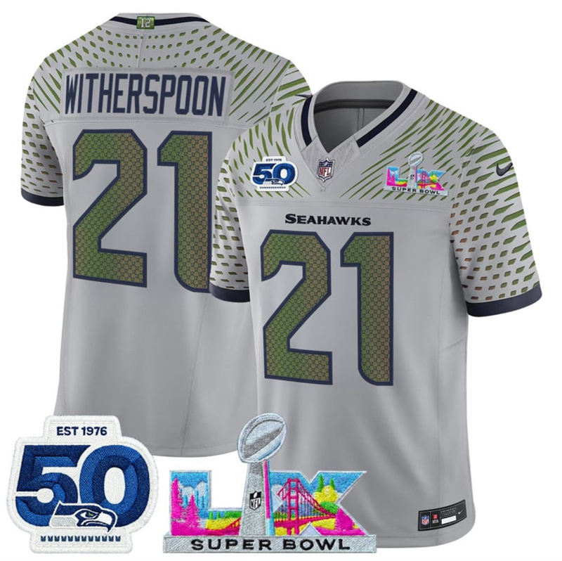 Men's Seattle Seahawks #21 Devon Witherspoon Royal 2025 F.U.S.E. Super Bowl LX Patch And 50th Season Patch “Rivalries” Vapor Limited Stitched Football Jersey Men's Seattle Seahawks #21 Devon Witherspoon Royal 2025 F.U.S.E. Super Bowl LX Patch And 50th Season Patch “Rivalries” Vapor Limited Stitched Football Jersey