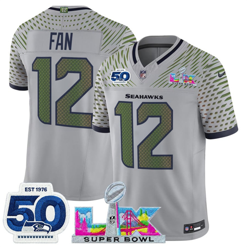 Men's Seattle Seahawks #12 Fan Grey 2025 F.U.S.E. Super Bowl LX Patch And 50th Season Patch “Rivalries” Vapor Limited Stitched Football Jersey Men's Seattle Seahawks #12 Fan Grey 2025 F.U.S.E. Super Bowl LX Patch And 50th Season Patch “Rivalries” Vapor Limited Stitched Football Jersey