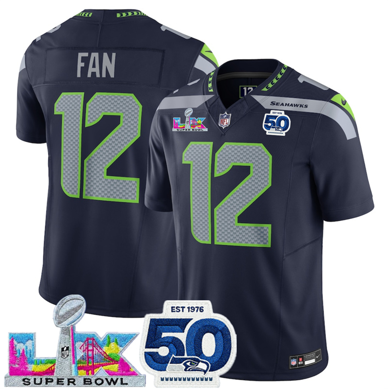 Men's Seattle Seahawks #12 Fan Navy 2025 F.U.S.E. Super Bowl LX Patch And 50th Season Patch Vapor Limited Stitched Football Jersey Men's Seattle Seahawks #12 Fan Navy 2025 F.U.S.E. Super Bowl LX Patch And 50th Season Patch Vapor Limited Stitched Football Jersey