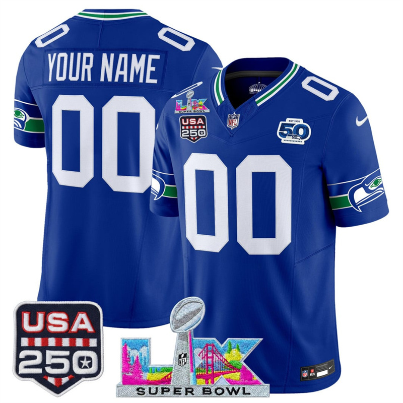 Men's Seattle Seahawks Active Player Custom Royal 2025 F.U.S.E. Super Bowl LX & US 250th anniversary Patch And 50th Season Patch Vapor Throwback Limited Football Stitched Jersey Men's Seattle Seahawks Active Player Custom Royal 2025 F.U.S.E. Super Bowl LX & US 250th anniversary Patch And 50th Season Patch Vapor Throwback Limited Football Stitched Jersey