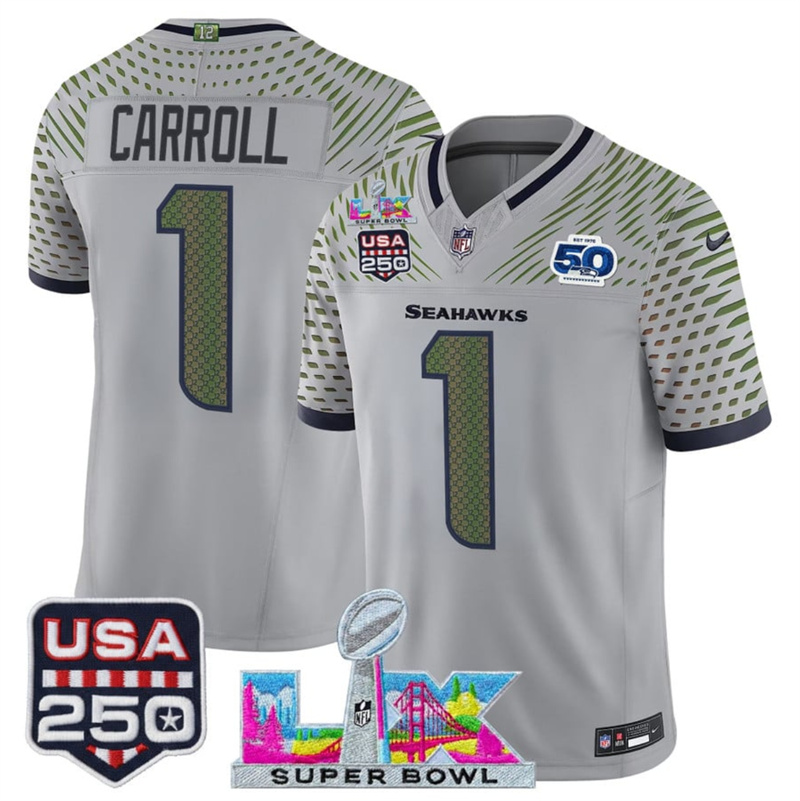 Men's Seattle Seahawks #1 Pete Carroll Gray 2025 F.U.S.E. Super Bowl LX & US 250th anniversary Patch And 50th Season Patch “Rivalries” Vapor Limited Football Stitched Jerse Men's Seattle Seahawks #1 Pete Carroll Gray 2025 F.U.S.E. Super Bowl LX & US 250th anniversary Patch And 50th Season Patch “Rivalries” Vapor Limited Football Stitched Jerse