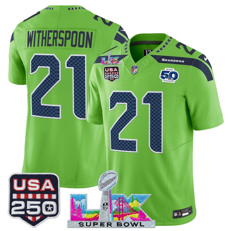 Men's Seattle Seahawks #21 Devon Witherspoon Green 2025 F.U.S.E. Super Bowl LX Patch And 50th Season & USA 250' Patch Vapor Limited Football Stitched Jersey Men's Seattle Seahawks #21 Devon Witherspoon Green 2025 F.U.S.E. Super Bowl LX Patch And 50th Season & USA 250' Patch Vapor Limited Football Stitched Jersey
