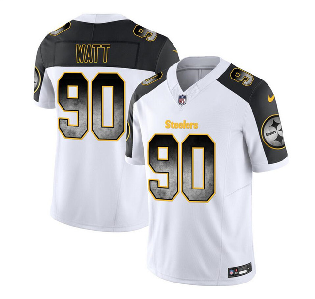 Men's Pittsburgh Steelers #90 T.J. Watt White/Black 2023 F.U.S.E. Smoke Vapor Untouchable Limited Stitched Jersey Men's Pittsburgh Steelers #90 T.J. Watt White/Black 2023 F.U.S.E. Smoke Vapor Untouchable Limited Stitched Jersey