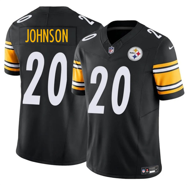 Men's Pittsburgh Steelers #20 Kaleb Johnson Black 2025 Draft F.U.S.E. Vapor Limited Stitched Football Jersey Men's Pittsburgh Steelers #20 Kaleb Johnson Black 2025 Draft F.U.S.E. Vapor Limited Stitched Football Jersey