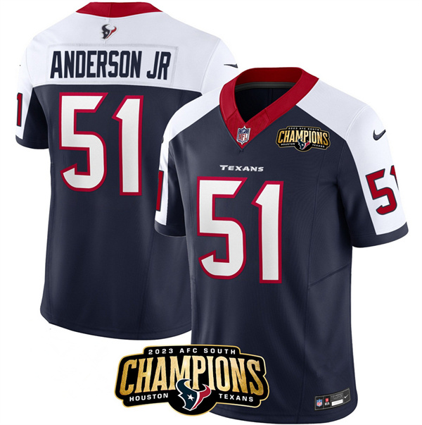 Men's Houston Texans #51 Will Anderson Jr. Navy/White 2023 F.U.S.E. AFC South Champions Patch Limited Stitched Football Jersey Men's Houston Texans #51 Will Anderson Jr. Navy/White 2023 F.U.S.E. AFC South Champions Patch Limited Stitched Football Jersey