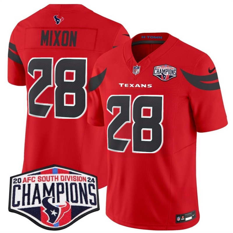 Men's Houston Texans #28 Joe Mixon Red F.U.S.E. 2024 AFC South Division Champions Vapor Limited Stitched Football Jersey Men's Houston Texans #28 Joe Mixon Red F.U.S.E. 2024 AFC South Division Champions Vapor Limited Stitched Football Jersey