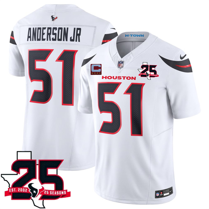 Men's Houston Texans #51 Will Anderson Jr White 2026 With 25th Anniversary Patch And 4-Star C Patch F.U.S.E. Vapor Limited Stitched Football Jersey