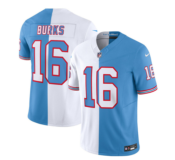 Men's Tennessee Titans #16 Treylon Burks White/Blue 2023 F.U.S.E. Split Vapor Limited Throwback Stitched Football Jersey Men's Tennessee Titans #16 Treylon Burks White/Blue 2023 F.U.S.E. Split Vapor Limited Throwback Stitched Football Jersey
