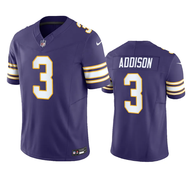 Men's Minnesota Vikings #3 Jordan Addison Purple 2023 F.U.S.E. Vapor Untouchable Limited Stitched Jersey Men's Minnesota Vikings #3 Jordan Addison Purple 2023 F.U.S.E. Vapor Untouchable Limited Stitched Jersey