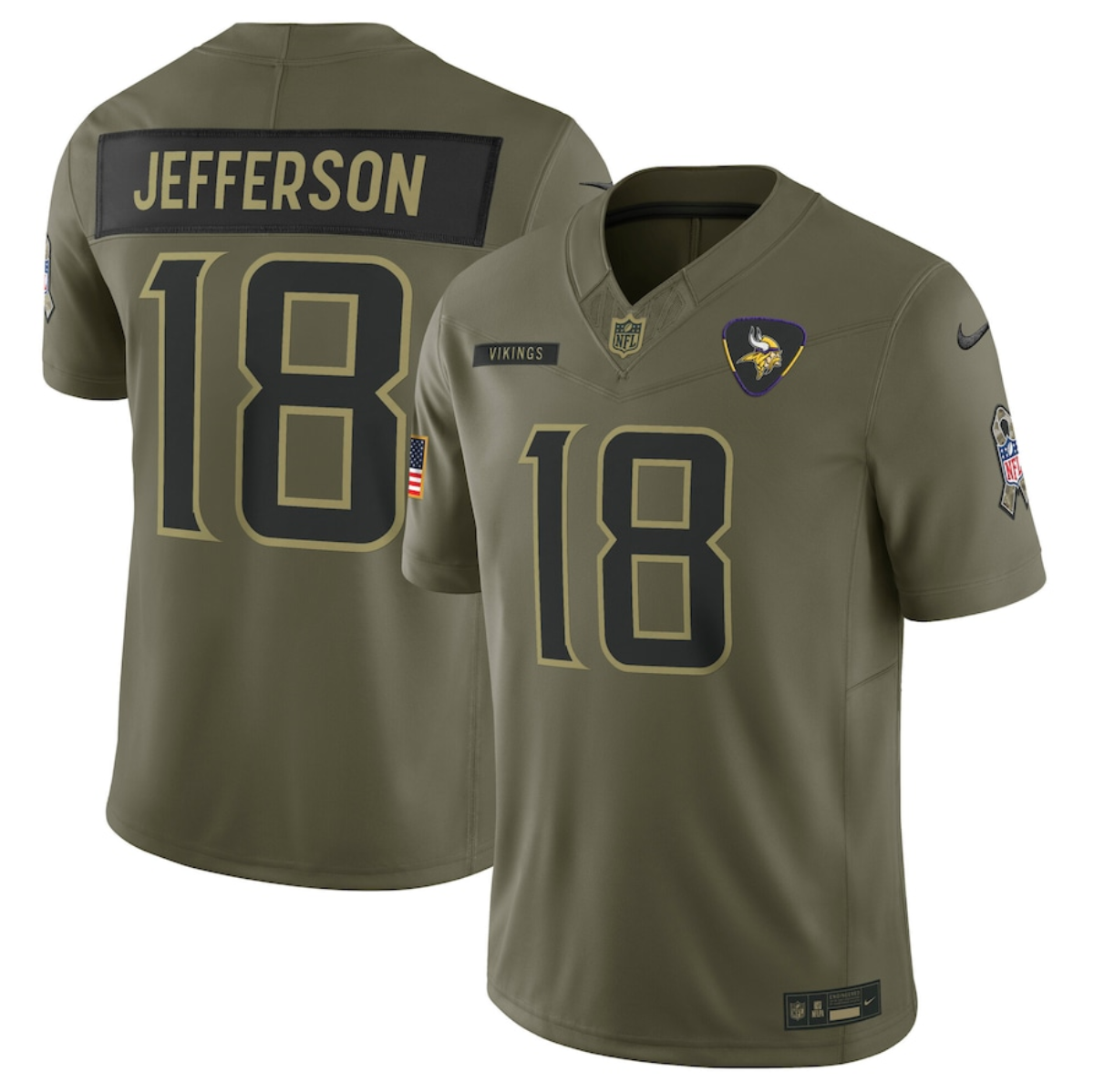 Men's Minnesota Vikings #18 Justin Jefferson Olive 2025 Salute to Service Limited Stitched Football Jersey