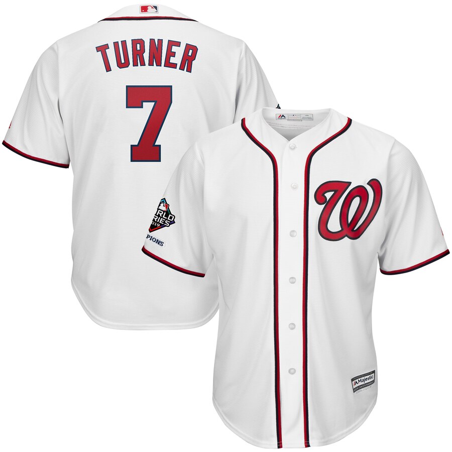 Washington Nationals #7 Trea Turner Majestic 2019 World Series Champions Home Official Cool Base Bar Patch Player Jersey White Washington Nationals #7 Trea Turner Majestic 2019 World Series Champions Home Official Cool Base Bar Patch Player Jersey White