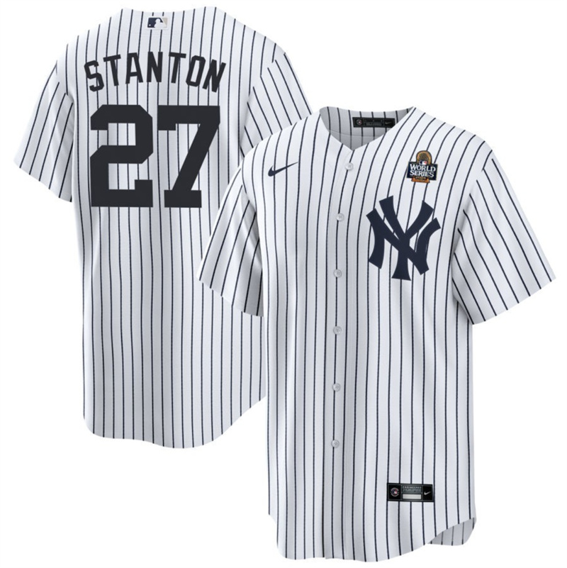 Men's New York Yankees #27 Giancarlo Stanton White 2024 World Series With Name Cool Base Stitched Baseball Jersey Men's New York Yankees #27 Giancarlo Stanton White 2024 World Series With Name Cool Base Stitched Baseball Jersey
