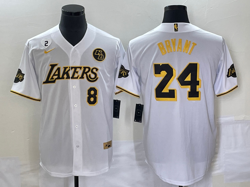 Men's Los Angeles Lakers Front #8 Back #24 Kobe Bryant With NO.2 And KB Patch White Cool Base Stitched Baseball Jersey Men's Los Angeles Lakers Front #8 Back #24 Kobe Bryant With NO.2 And KB Patch White Cool Base Stitched Baseball Jersey