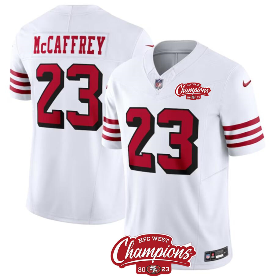 Men's San Francisco 49ers #23 Christian McCaffrey White 2023 F.U.S.E. NFC West Champions Patch Alternate Stitched Football Jersey Men's San Francisco 49ers #23 Christian McCaffrey White 2023 F.U.S.E. NFC West Champions Patch Alternate Stitched Football Jersey