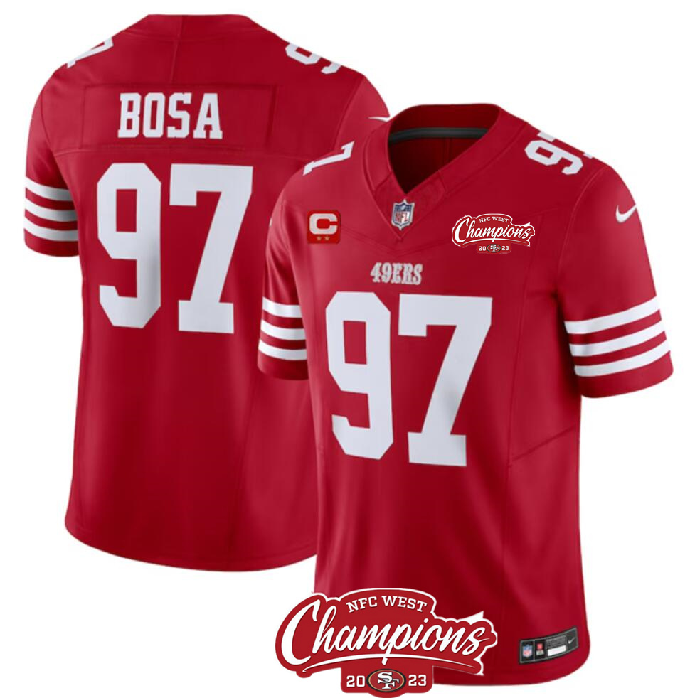Men's San Francisco 49ers #97 Nick Bosa Red 2023 F.U.S.E. With 2-star C Patch And NFC West Champions Patch Stitched Football Jersey Men's San Francisco 49ers #97 Nick Bosa Red 2023 F.U.S.E. With 2-star C Patch And NFC West Champions Patch Stitched Football Jersey