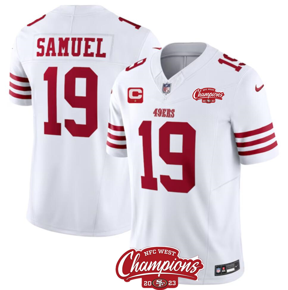 Men's San Francisco 49ers #19 Deebo Samuel White 2023 F.U.S.E. With 1-star C Patch And NFC West Champions Patch Stitched Football Jersey Men's San Francisco 49ers #19 Deebo Samuel White 2023 F.U.S.E. With 1-star C Patch And NFC West Champions Patch Stitched Football Jersey