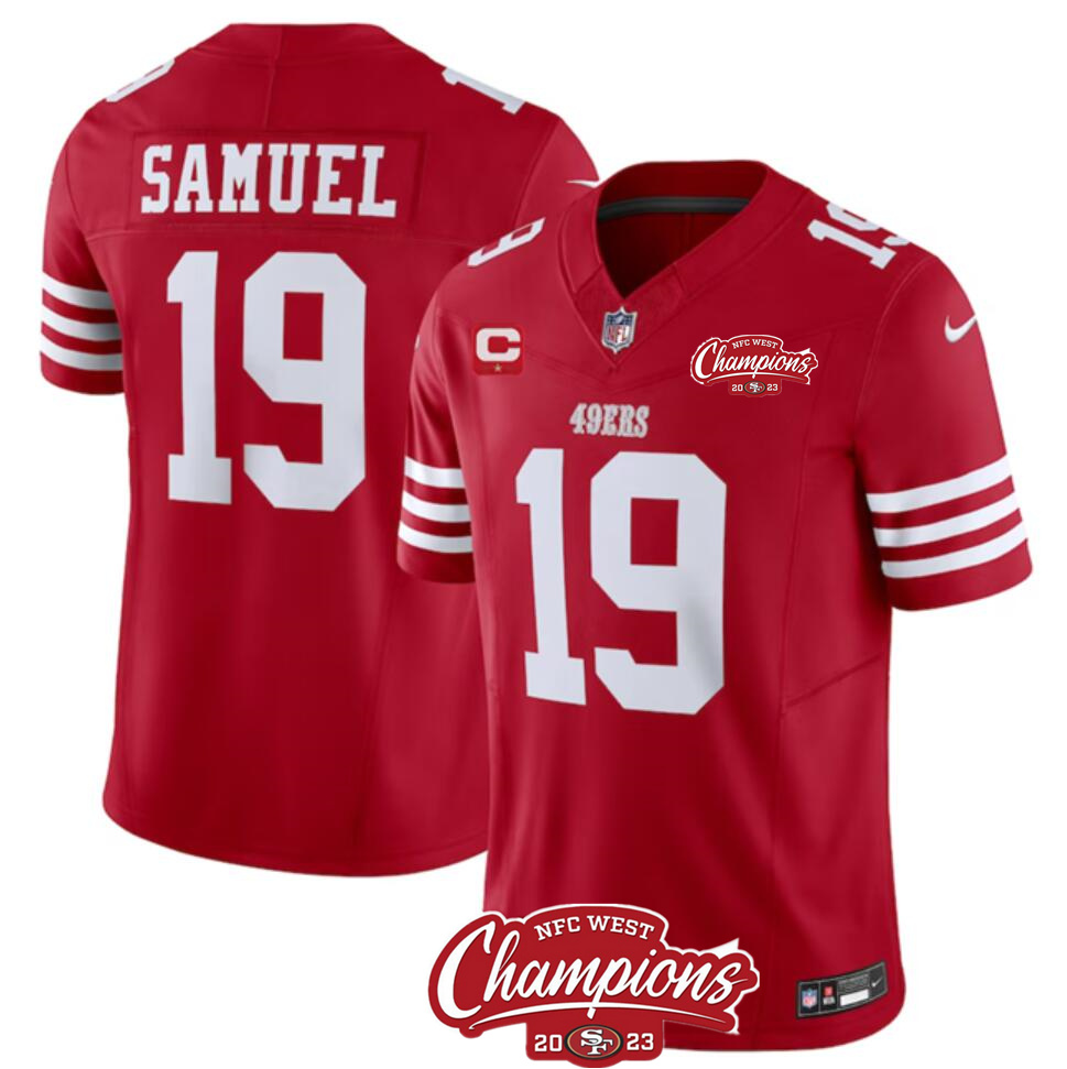 Men's San Francisco 49ers #19 Deebo Samuel Red 2023 F.U.S.E. With 1-star C Patch And NFC West Champions Patch Stitched Football Jersey Men's San Francisco 49ers #19 Deebo Samuel Red 2023 F.U.S.E. With 1-star C Patch And NFC West Champions Patch Stitched Football Jersey