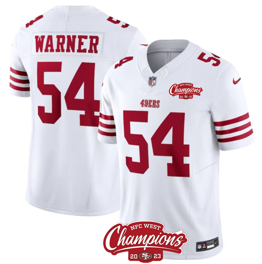 Men's San Francisco 49ers #54 Fred Warner White 2023 F.U.S.E. NFC West Champions Patch Stitched Football Jersey Men's San Francisco 49ers #54 Fred Warner White 2023 F.U.S.E. NFC West Champions Patch Stitched Football Jersey