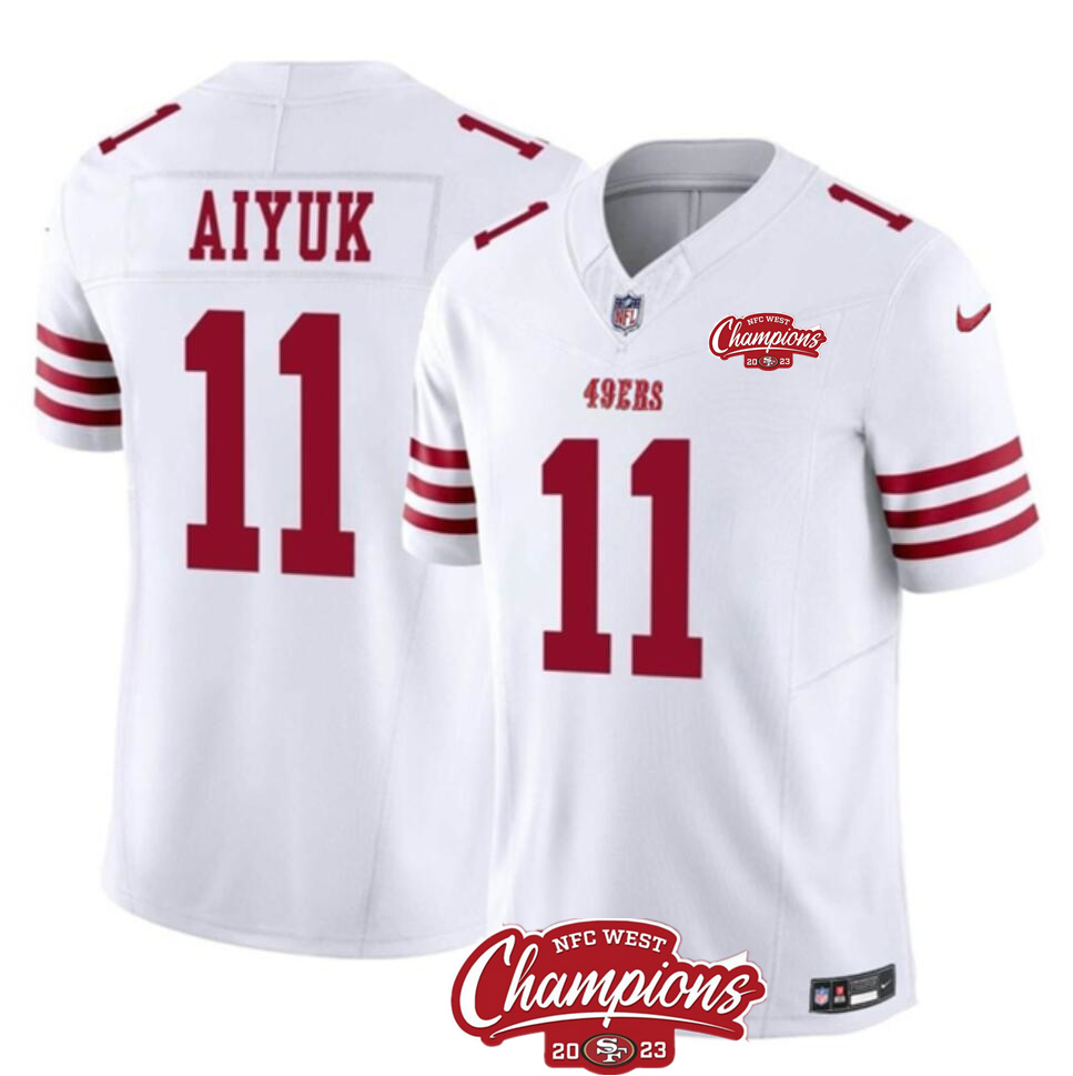 Men's San Francisco 49ers #11 Brandon Aiyuk White 2023 F.U.S.E. NFC West Champions Patch Stitched Football Jersey Men's San Francisco 49ers #11 Brandon Aiyuk White 2023 F.U.S.E. NFC West Champions Patch Stitched Football Jersey