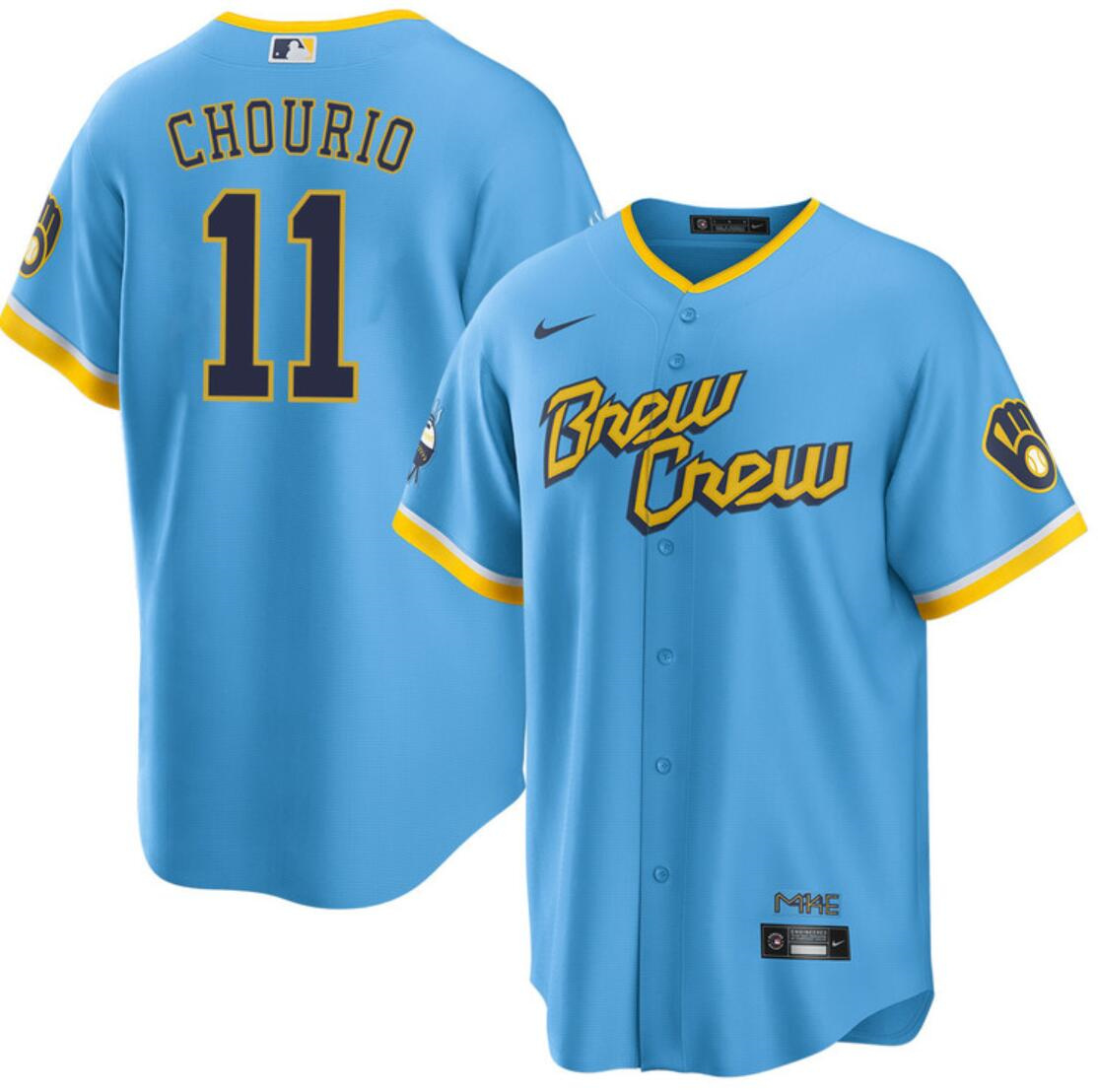 Men's Milwaukee Brewers #11 Jackson Chourio Powder Blue City Connect Cool Base Stitched Jersey Men's Milwaukee Brewers #11 Jackson Chourio Powder Blue City Connect Cool Base Stitched Jersey