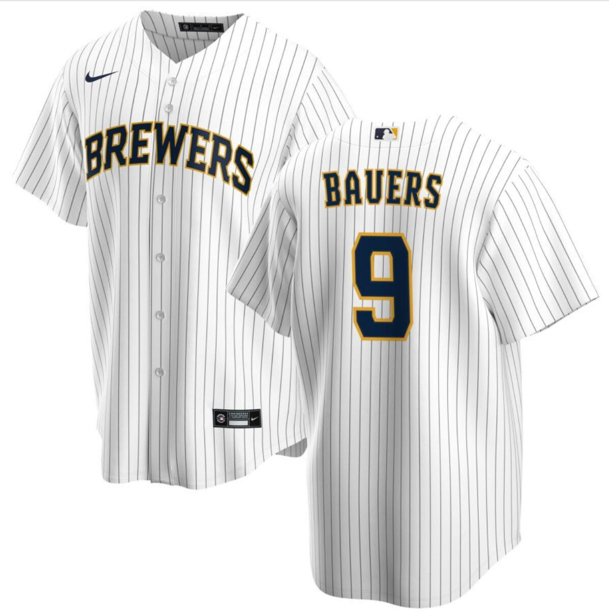 Men's Milwaukee Brewers #9 Jake Bauers White Cool Base Stitched Jersey Men's Milwaukee Brewers #9 Jake Bauers White Cool Base Stitched Jersey