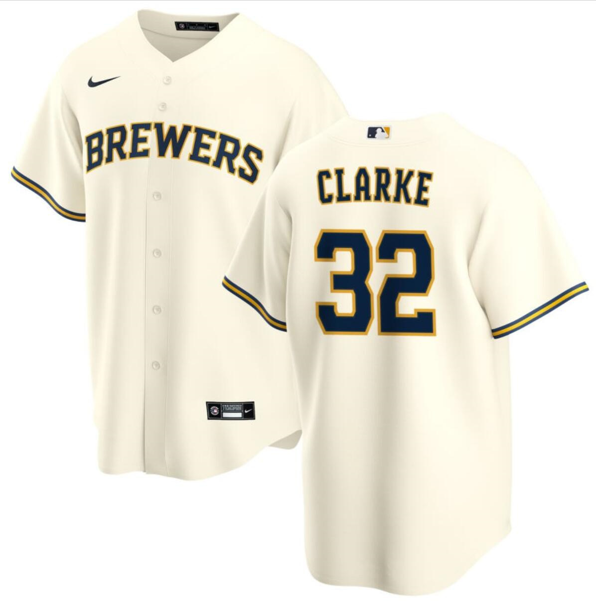 Men's Milwaukee Brewers #32 Taylor Clarke Cream Cool Base Stitched Jersey Men's Milwaukee Brewers #32 Taylor Clarke Cream Cool Base Stitched Jersey
