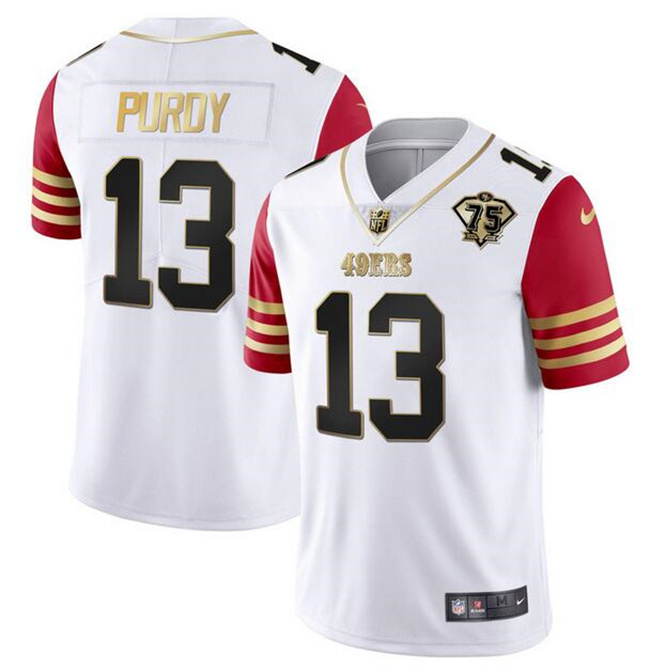 Men's San Francisco 49ers #13 Brock Purdy White/Red With 75th Anniversary Patch Stitched Jersey Men's San Francisco 49ers #13 Brock Purdy White/Red With 75th Anniversary Patch Stitched Jersey