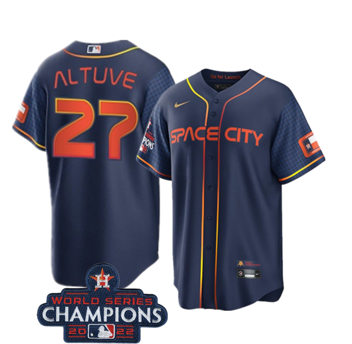 Men's Houston Astros #27 Jose Altuve Navy 2022 World Series Champions City Connect Stitched Baseball Jersey Men's Houston Astros #27 Jose Altuve Navy 2022 World Series Champions City Connect Stitched Baseball Jersey