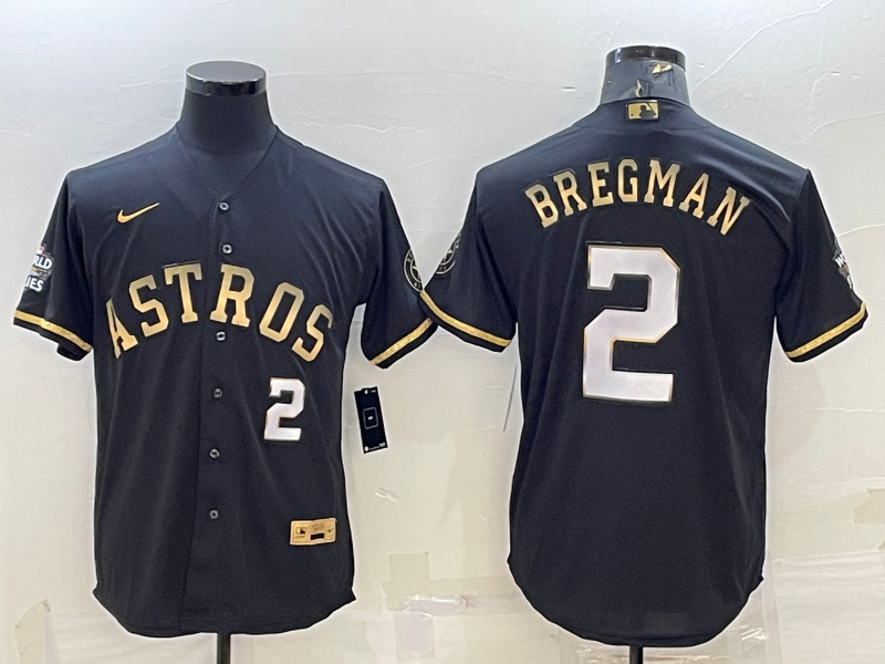 Men's Houston Astros #2 Alex Bregman Black Gold 2022 World Series Stitched Baseball Jersey Men's Houston Astros #2 Alex Bregman Black Gold 2022 World Series Stitched Baseball Jersey