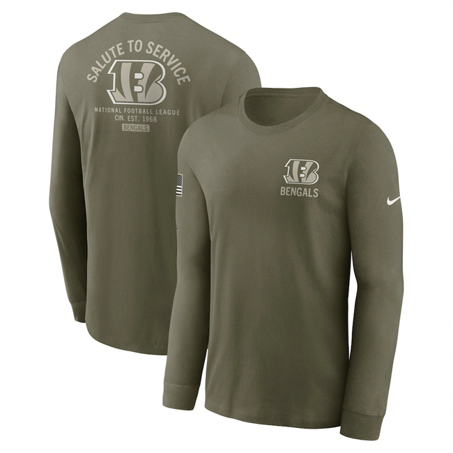 Men's Cincinnati Bengals Olive 2025 Salute to Service Sideline Long Sleeve T-Shirt Men's Cincinnati Bengals Olive 2025 Salute to Service Sideline Long Sleeve T-Shirt