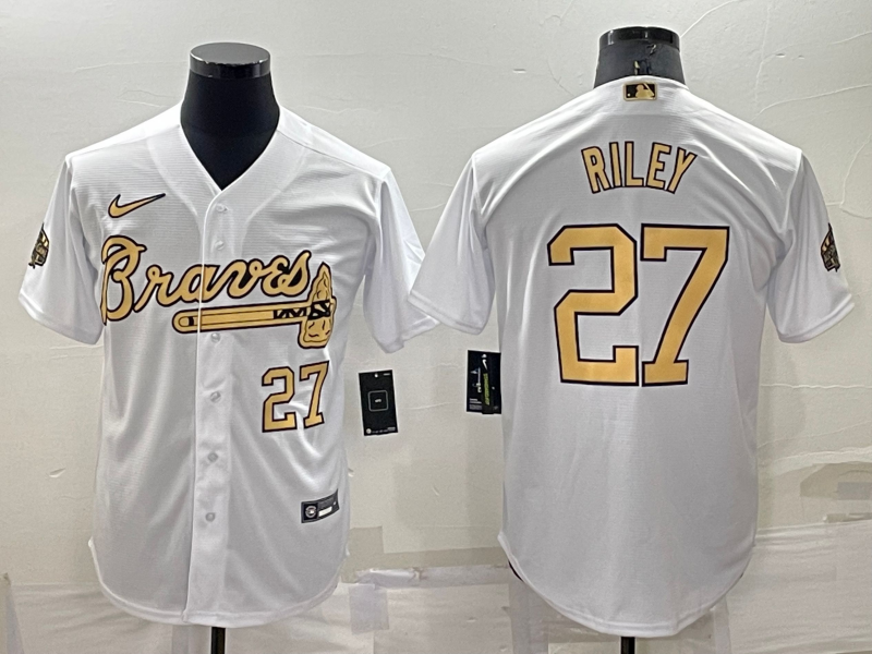 Men's Atlanta Braves #27 Austin Riley 2022 All-Star White Cool Base Stitched Baseball Jersey Men's Atlanta Braves #27 Austin Riley 2022 All-Star White Cool Base Stitched Baseball Jersey