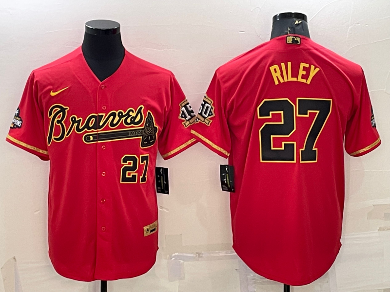 Men's Atlanta Braves #27 Austin Riley Red Gold Cool Base Stitched Baseball Jersey Men's Atlanta Braves #27 Austin Riley Red Gold Cool Base Stitched Baseball Jersey