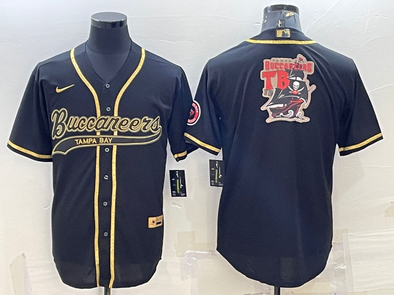 Men's Tampa Bay Buccaneers Black Gold Team Big Logo With Patch Cool Base Stitched Baseball Jersey Men's Tampa Bay Buccaneers Black Gold Team Big Logo With Patch Cool Base Stitched Baseball Jersey