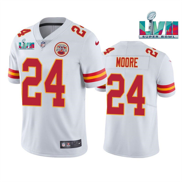 Men’s Kansas City Chiefs #24 Skyy Moore White Super Bowl LVII Patch Vapor Untouchable Limited Stitched Jersey Men’s Kansas City Chiefs #24 Skyy Moore White Super Bowl LVII Patch Vapor Untouchable Limited Stitched Jersey