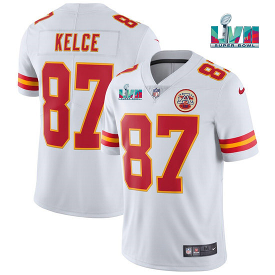 Men’s Kansas City Chiefs #87 Travis Kelce White Super Bowl LVII Patch Vapor Untouchable Limited Stitched Jersey Men’s Kansas City Chiefs #87 Travis Kelce White Super Bowl LVII Patch Vapor Untouchable Limited Stitched Jersey