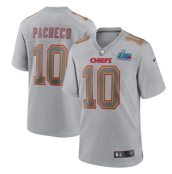 Men's Kansas City Chiefs #10 Isiah Pacheco Grey Super Bowl LVII Patch Atmosphere Fashion Stitched Game Jersey Men's Kansas City Chiefs #10 Isiah Pacheco Grey Super Bowl LVII Patch Atmosphere Fashion Stitched Game Jersey
