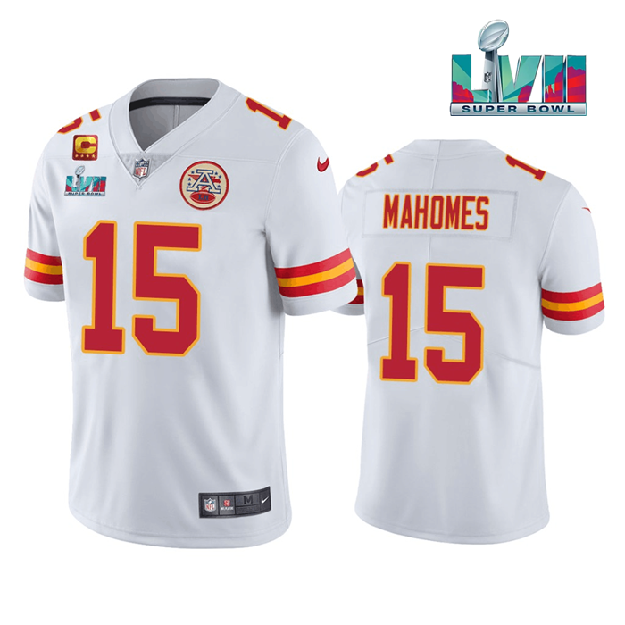 Men’s Kansas City Chiefs #15 Patrick Mahomes White Super Bowl LVII Patch And 4-star C Patch Vapor Untouchable Limited Stitched Jersey Men’s Kansas City Chiefs #15 Patrick Mahomes White Super Bowl LVII Patch And 4-star C Patch Vapor Untouchable Limited Stitched Jersey