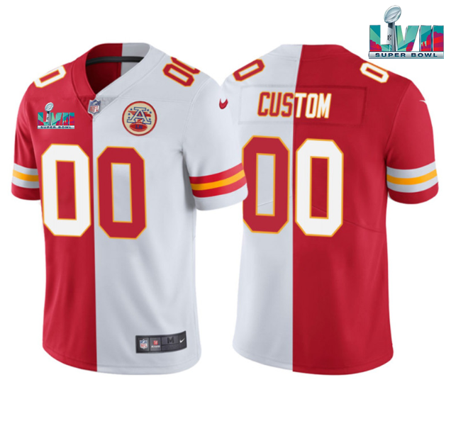 Men’s Kansas City Chiefs Active Player Custom Red/White Split Super Bowl LVII Patch Vapor Untouchable Limited Stitched Jersey Men’s Kansas City Chiefs Active Player Custom Red/White Split Super Bowl LVII Patch Vapor Untouchable Limited Stitched Jersey