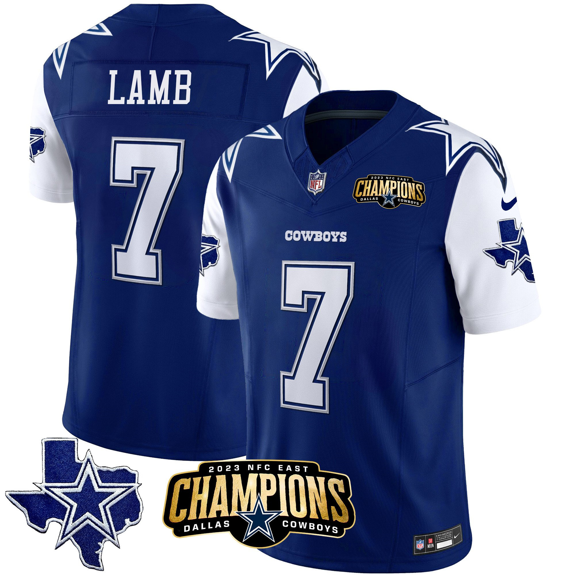 Men's Dallas Cowboys #7 Trevon Diggs Blue/White 2023 F.U.S.E. NFC East Champions Patch Stitched Football Jersey Men's Dallas Cowboys #7 Trevon Diggs Blue/White 2023 F.U.S.E. NFC East Champions Patch Stitched Football Jersey