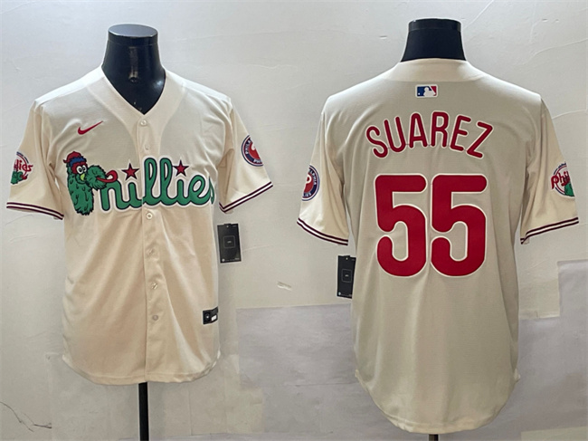 Men's Philadelphia Phillies #55 Ranger Suárez Cream Phanatic Limited Stitched Jersey Men's Philadelphia Phillies #55 Ranger Suárez Cream Phanatic Limited Stitched Jersey