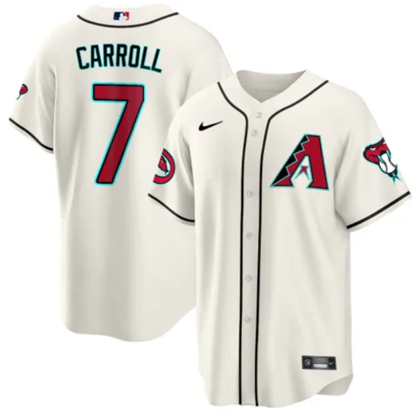 Men's Arizona Diamondbacks #7 Corbin Carroll 2023/24 Cream Cool Base Stitched Baseball Jersey Men's Arizona Diamondbacks #7 Corbin Carroll 2023/24 Cream Cool Base Stitched Baseball Jersey