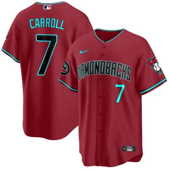 Men's Arizona Diamondbacks #7 Corbin Carroll 2023/24 Red Cool Base Stitched Baseball Jersey Men's Arizona Diamondbacks #7 Corbin Carroll 2023/24 Red Cool Base Stitched Baseball Jersey