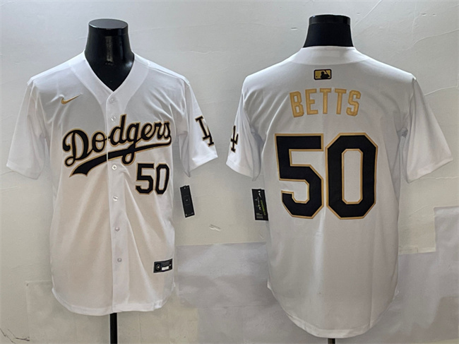 Men's Los Angeles Dodgers #50 Mookie Betts White/Gold Limited Stitched Baseball Jersey Men's Los Angeles Dodgers #50 Mookie Betts White/Gold Limited Stitched Baseball Jersey