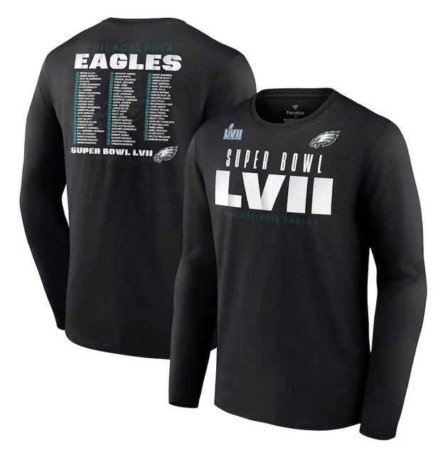 Men's Philadelphia Eagles Black Super Bowl LVII Varsity Roster Long Sleeve T-Shirt Men's Philadelphia Eagles Black Super Bowl LVII Varsity Roster Long Sleeve T-Shirt