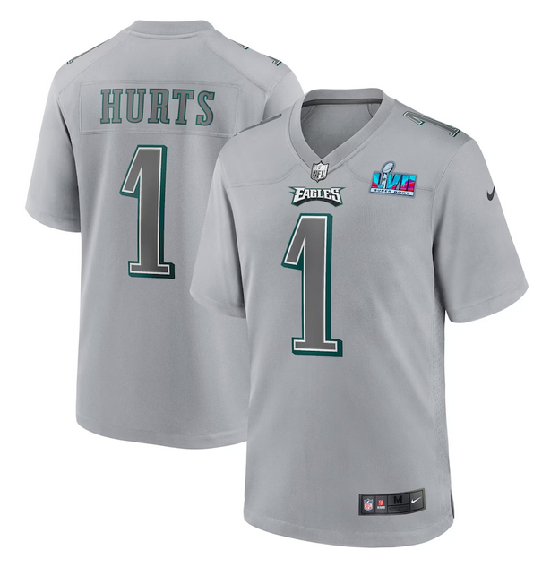 Men's Philadelphia Eagles #1 Jalen Hurts Grey Super Bowl LVII Patch Atmosphere Fashion Stitched Game Jersey Men's Philadelphia Eagles #1 Jalen Hurts Grey Super Bowl LVII Patch Atmosphere Fashion Stitched Game Jersey