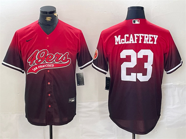 Men's San Francisco 49ers #23 Christian McCaffrey Red/Black With Patch Cool Base Stitched Baseball Jersey Men's San Francisco 49ers #23 Christian McCaffrey Red/Black With Patch Cool Base Stitched Baseball Jersey
